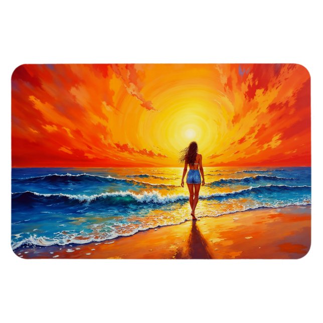 Woman walking ocean beach warm sunset magnet (Horizontal)