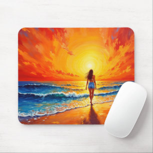 Woman walking ocean beach warm sunset mouse pad