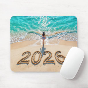 Woman Walking On a New Year 2026 Beach Mouse Pad