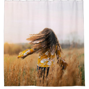 Woman walking on field at daytime shower curtain