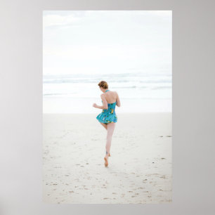 Woman walking on shore near beach poster