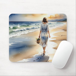 Woman Walking the Beach With a Flower Basket Mouse Pad