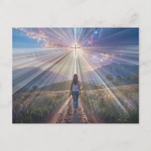 Woman Walking Toward Glowing Cross – Faith Journey Postcard