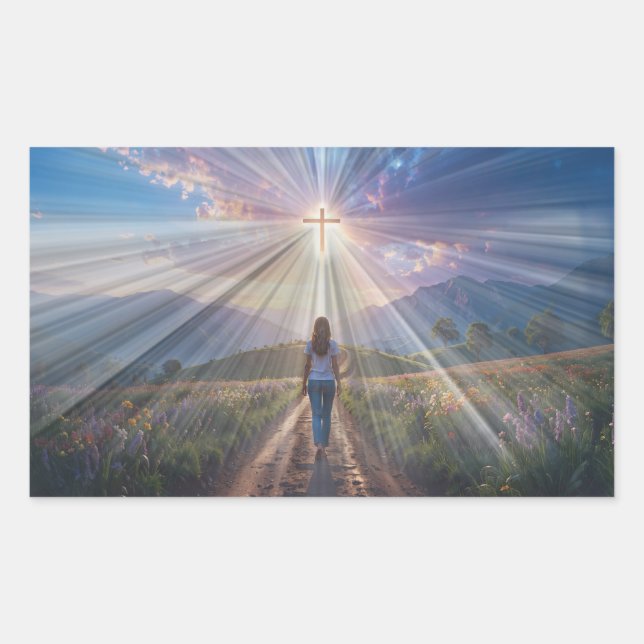 Woman Walking Toward Glowing Cross – Faith Journey Rectangular Sticker (Front)
