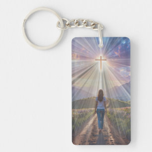 Woman Walking Towards Glowing Cross – Faith Journe Key Ring
