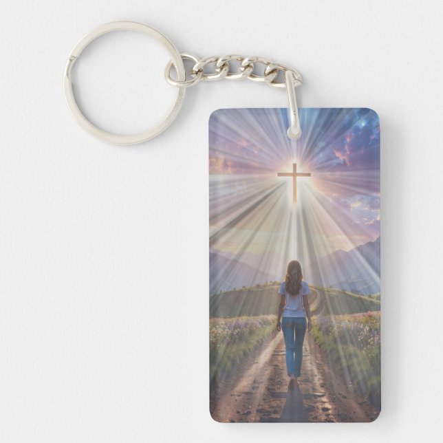Woman Walking Towards Glowing Cross – Faith Journe Key Ring (Front)
