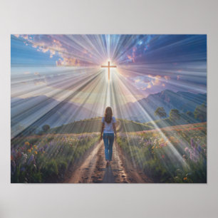 Woman Walking Towards Glowing Cross – Faith Journe Poster
