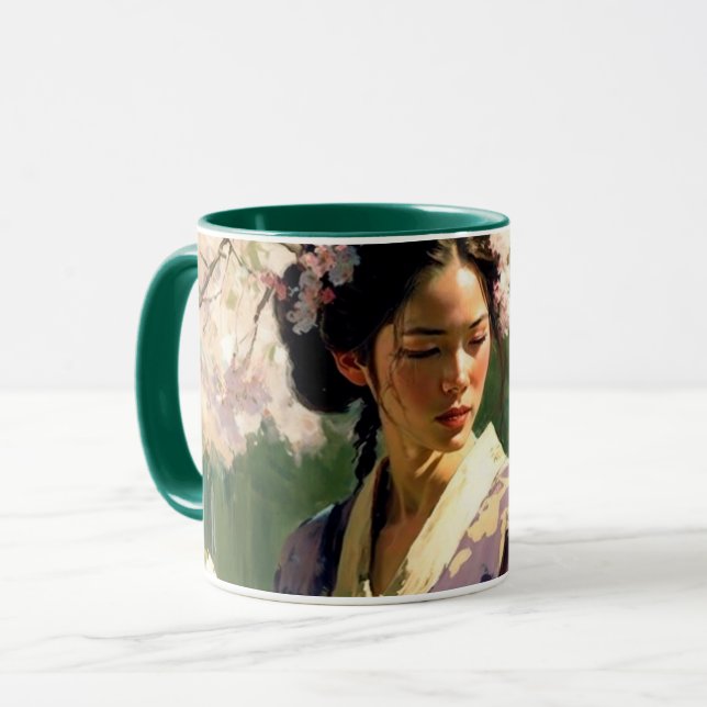 Woman Walking Under Cherry Trees on a Sunny Day Mug (Front Left)