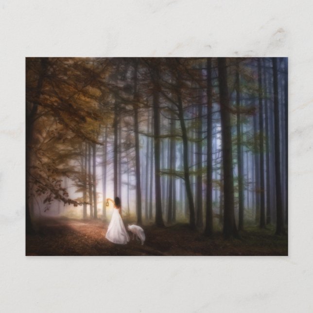 Woman Walking With a Wolf Through a Magic Forest Postcard (Front)