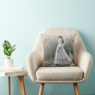 Woman Walking With Blue Heron Cushion