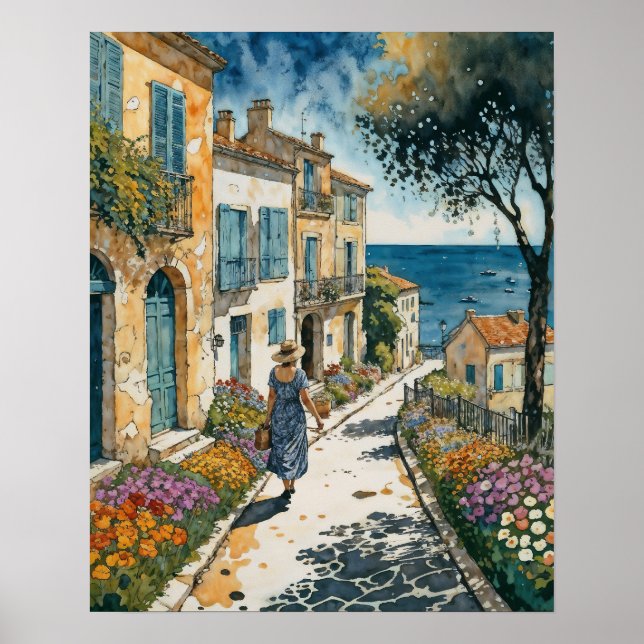Woman walks in a French coastal village Poster (Front)