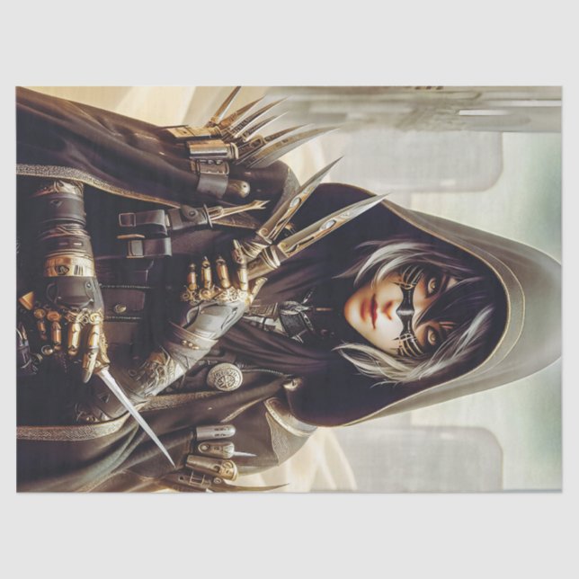 Woman Warrior dressed in Black Sci Fi Decoupage Tissue Paper (Front)