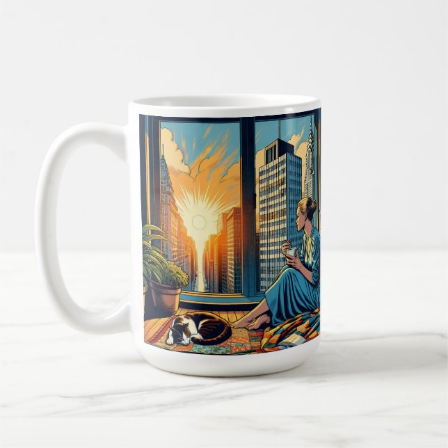 Woman Watching the Sunrise with her Cat Coffee Mug (Left)