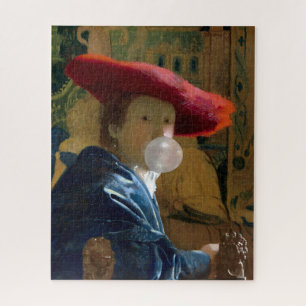 Woman wearing a red hat blowing a bubble gum jigsaw puzzle