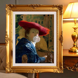 Woman wearing a red hat blowing a bubble gum poster