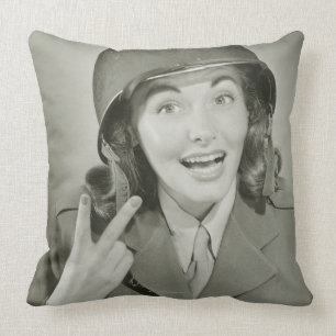Woman Wearing an Army Helmet Cushion