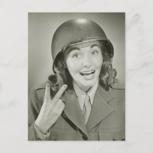 Woman Wearing an Army Helmet Postcard