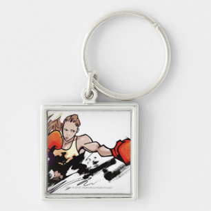 Woman wearing boxing glove key ring