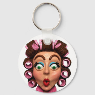 Woman Wearing Curlers Key Ring