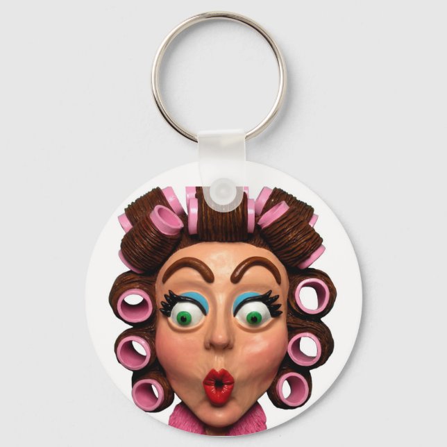 Woman Wearing Curlers Key Ring (Front)