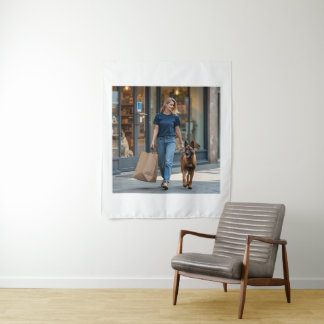 Woman wearing dark blue round neck T-shirt Tapestry