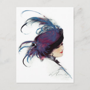 Woman Wearing Fancy Blue Feather Hat Postcard