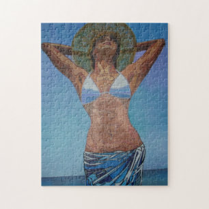 Woman Wearing Hat And Sarong Enjoying Summer Jigsaw Puzzle