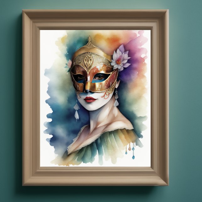 Woman Wearing Venetian Mask Watercolor Painting Poster (Creator Uploaded)