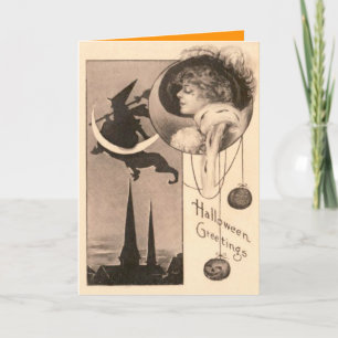 Woman Witch Crescent Moon Jack O' Lantern Card