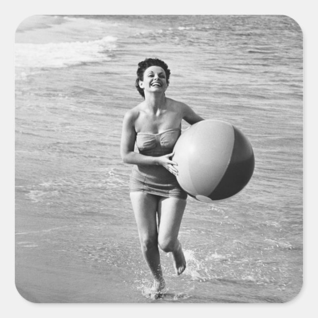 Woman with a Beach Ball Square Sticker (Front)