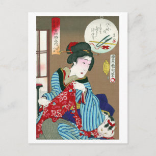 Woman with a Cat, Toyohara Kunichika, Ukiyo-e Postcard