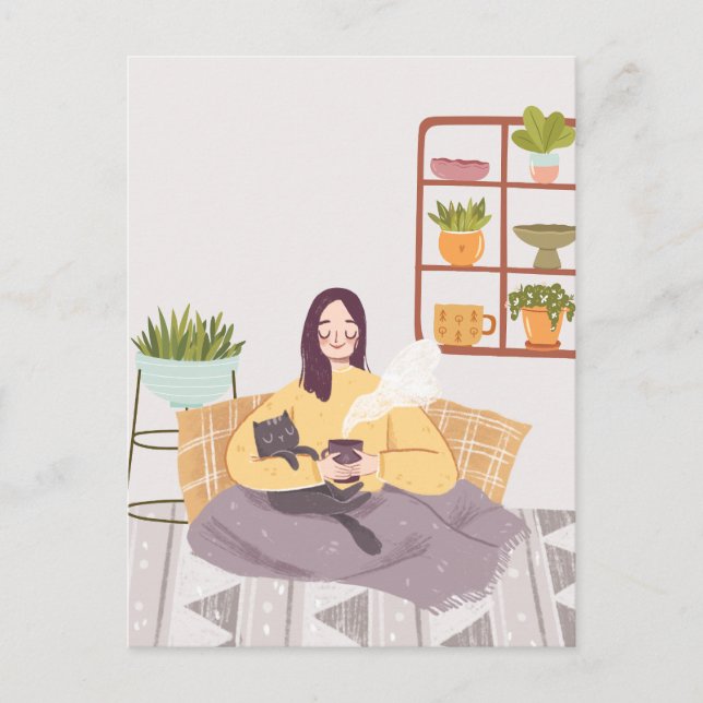 Woman With A Coffee Cup And A Cat in home Postcard (Front)