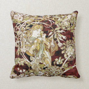 Woman with a Daisy Alphonse Mucha Fine Art Cushion