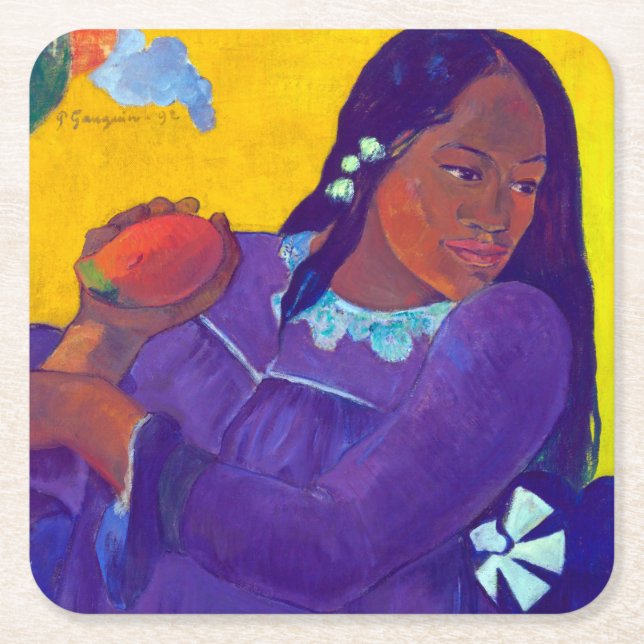 Woman with a Mango, Gauguin Square Paper Coaster (Front)