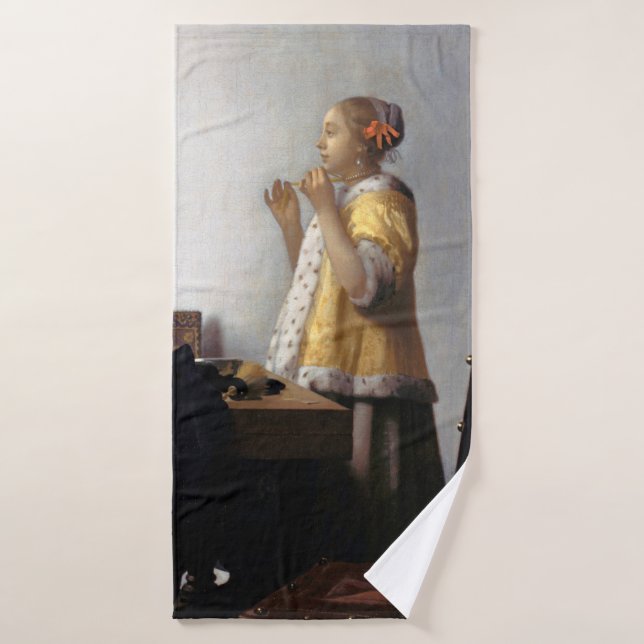 Woman with a Pearl Necklace, Johannes Vermeer Bath Towel (Bath Towel)