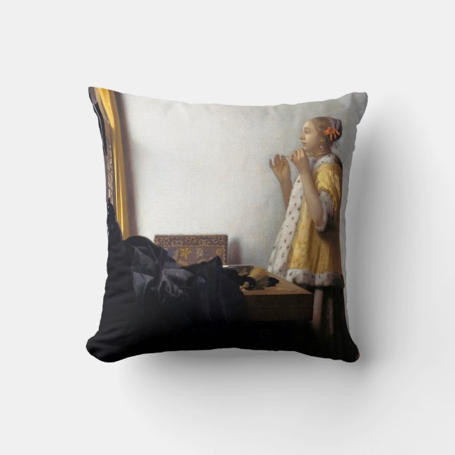 Woman with a Pearl Necklace, Johannes Vermeer Cushion (Front)