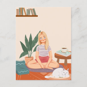 Woman With A Plants And a cat in cosy home Postcard