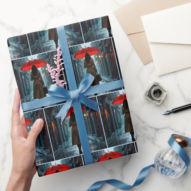 Woman With a Red Umbrella and Briefcase Wrapping Paper (Gifting)