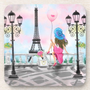 Woman with Balloon In Paris Coaster Eiffel Tower