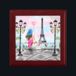 Woman with Balloon In Paris Gift Box Eiffel Tower<br><div class="desc">Pretty Woman and Pink Heart Balloon - I Love Paris - Eiffel Tower Romantic Drawing - Choose / Add Your Unique Text / Font / Colour - Make Your Special Gift - Resize and move or remove and add elements - Image / text with customisation tool ! - Drawing and...</div>