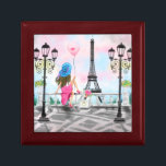 Woman with Balloon In Paris Gift Box Eiffel Tower<br><div class="desc">Pretty Woman and Pink Heart Balloon - I Love Paris - Eiffel Tower Romantic Drawing - Choose / Add Your Unique Text / Font / Colour - Make Your Special Gift - Resize and move or remove and add elements - Image / text with customisation tool ! - Drawing and...</div>