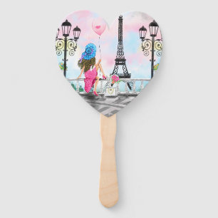 Woman with Balloon In Paris Hand Fan Eiffel Tower