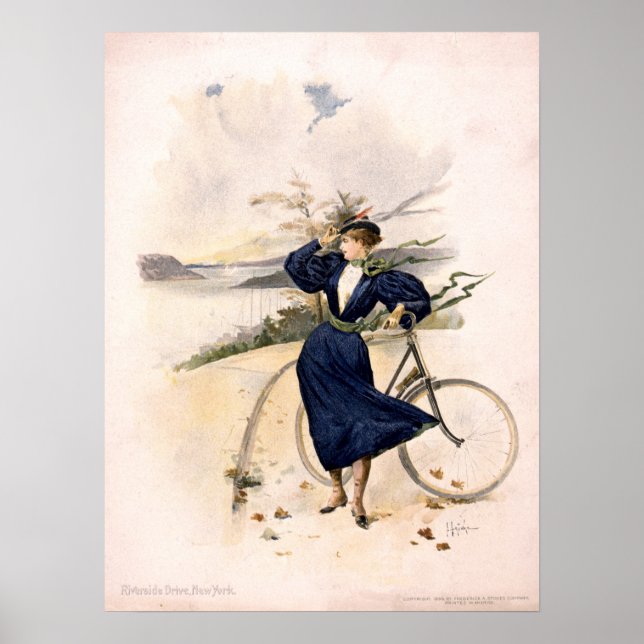 Woman With Bicycle at Riverside Drive, New York Poster (Front)