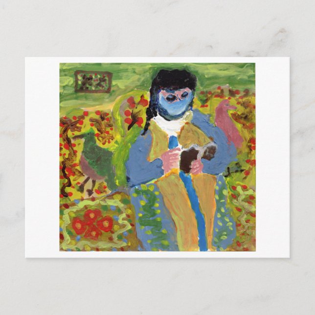 Woman with blue veil, reading, postcard (Front)