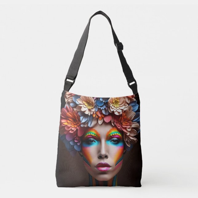 Woman with bright make-up and flowers crown crossbody bag (Front)