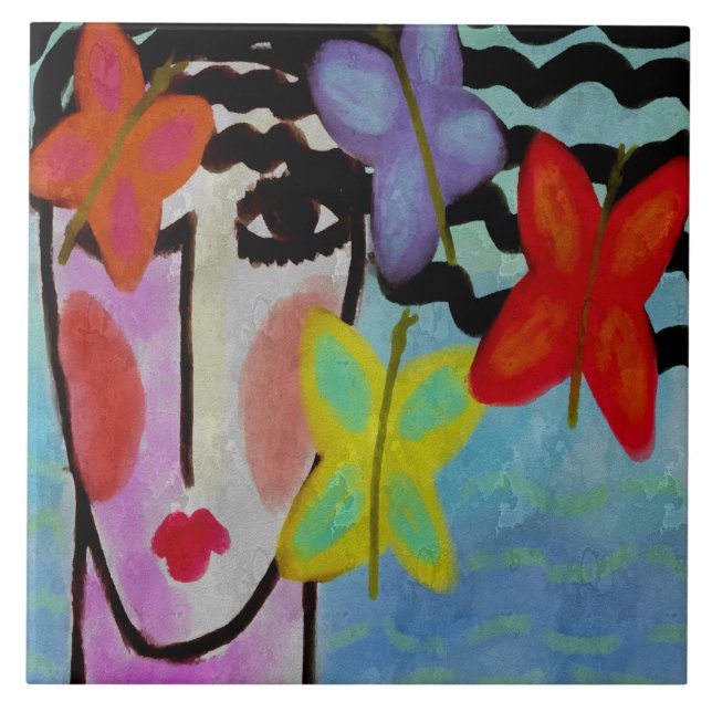Woman with Butterflies Abstract Digital Painting Ceramic Tile (Front)