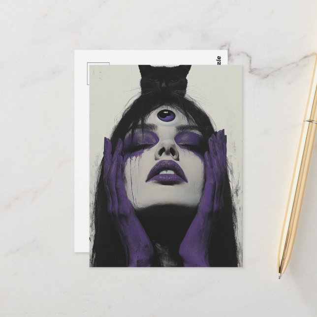 Woman with cat and third eye postcard (Front/Back In Situ)