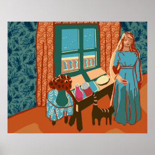 Woman with cat in house by the sea sunlight happy  poster