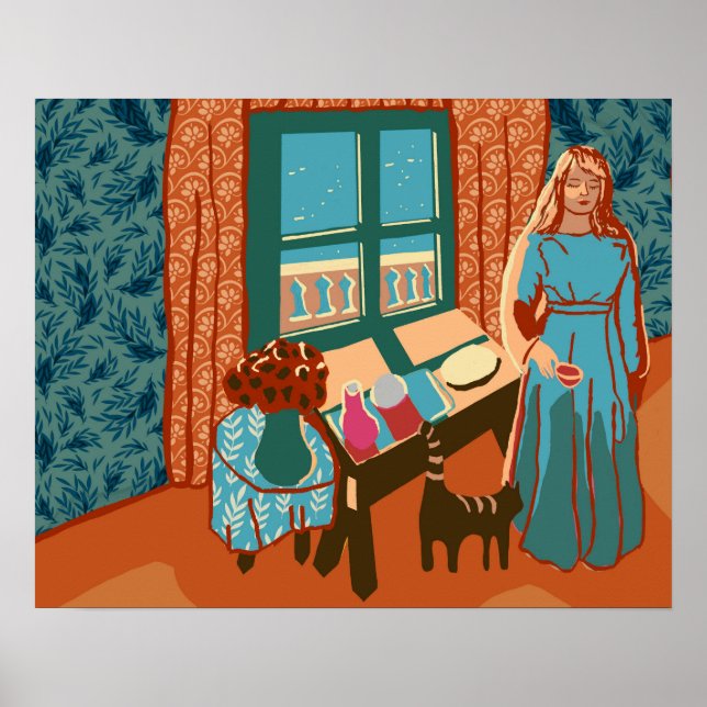 Woman with cat in house by the sea sunlight happy  poster (Front)