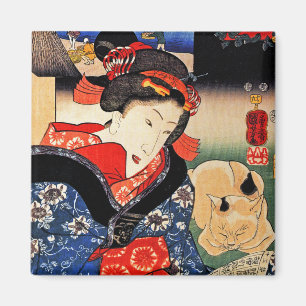 Woman with Cat - Japanese Art - Utagawa Kuniyoshi Magnet
